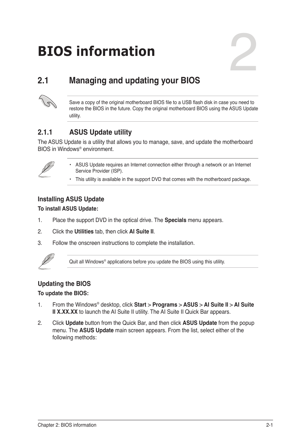 Chapter 2: bios information, 1 managing and updating your bios, 1 asus update utility | Bios information, 1 managing and updating your bios -1, Asus update utility -1 | Asus F1A55-M LX3 R2.0 User Manual | Page 39 / 69