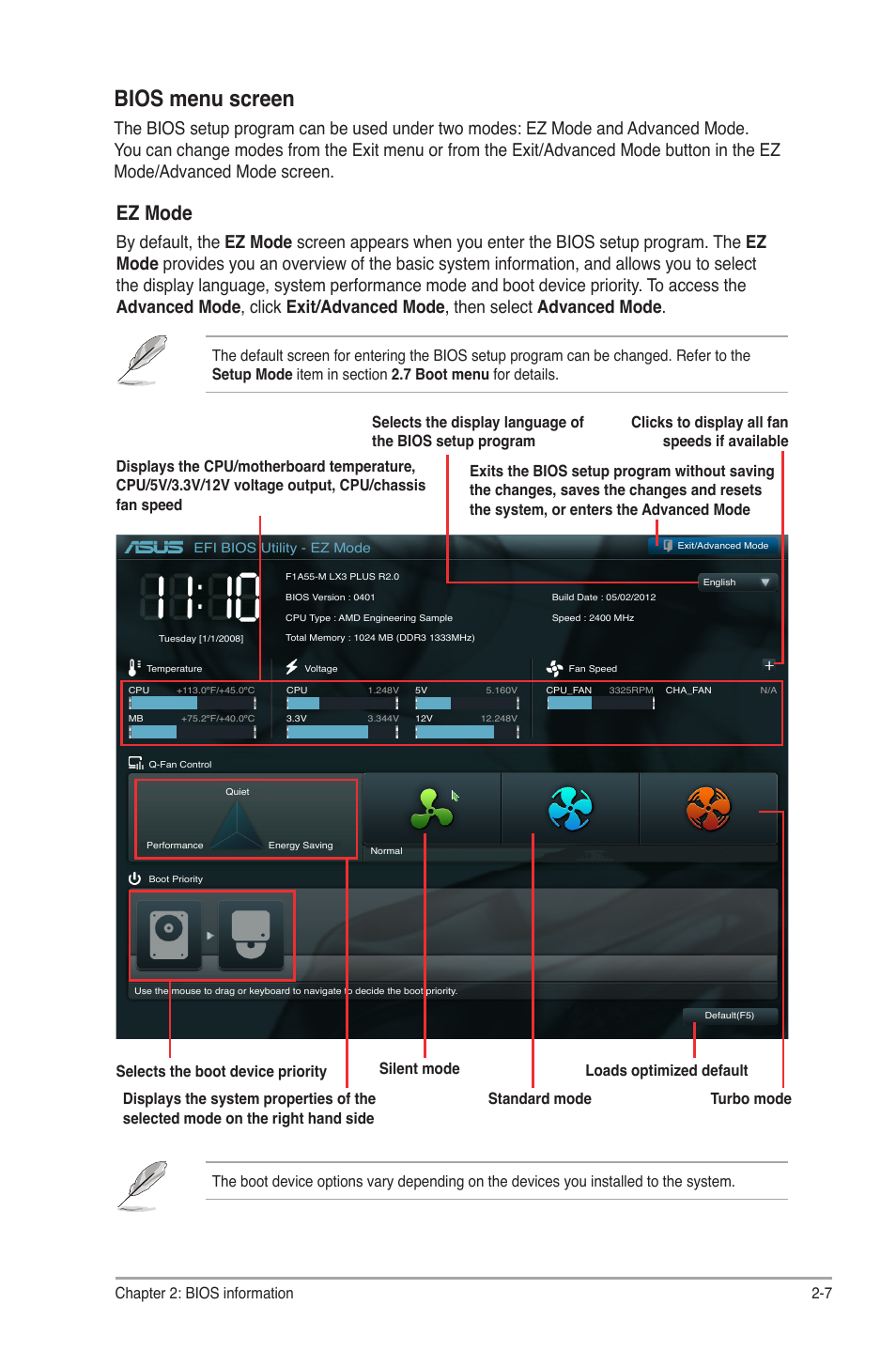 Bios menu screen, Ez mode, Chapter 2: bios information 2-7 | Asus F1A55-M LX3 R2.0 User Manual | Page 45 / 69