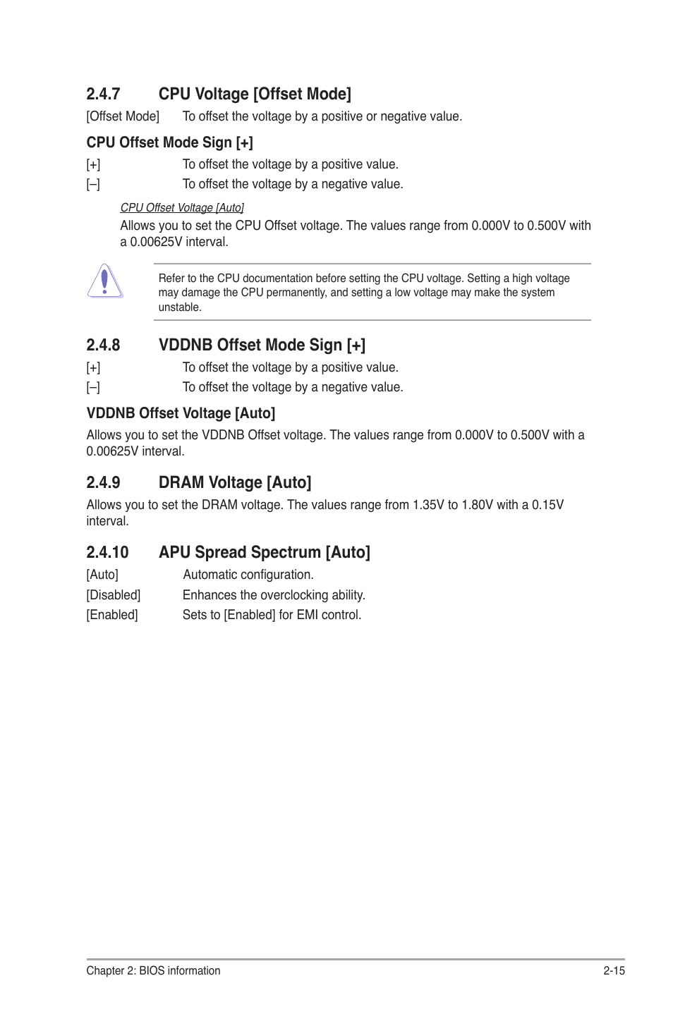 7 cpu voltage [offset mode, 8 vddnb offset mode sign, 9 dram voltage [auto | 10 apu spread spectrum [auto, Cpu voltage [offset mode] -15, Vddnb offset mode sign [+] -15, Dram voltage [auto] -15, 10 apu spread spectrum [auto] -15 | Asus F1A55-M LX3 R2.0 User Manual | Page 53 / 69