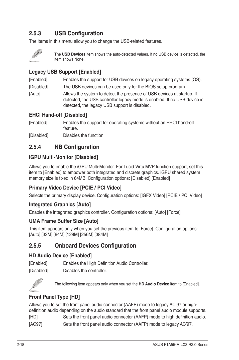 3 usb configuration, 4 nb configuration, 5 onboard devices configuration | Usb configuration -18, Nb configuration -18, Onboard devices configuration -18 | Asus F1A55-M LX3 R2.0 User Manual | Page 56 / 69