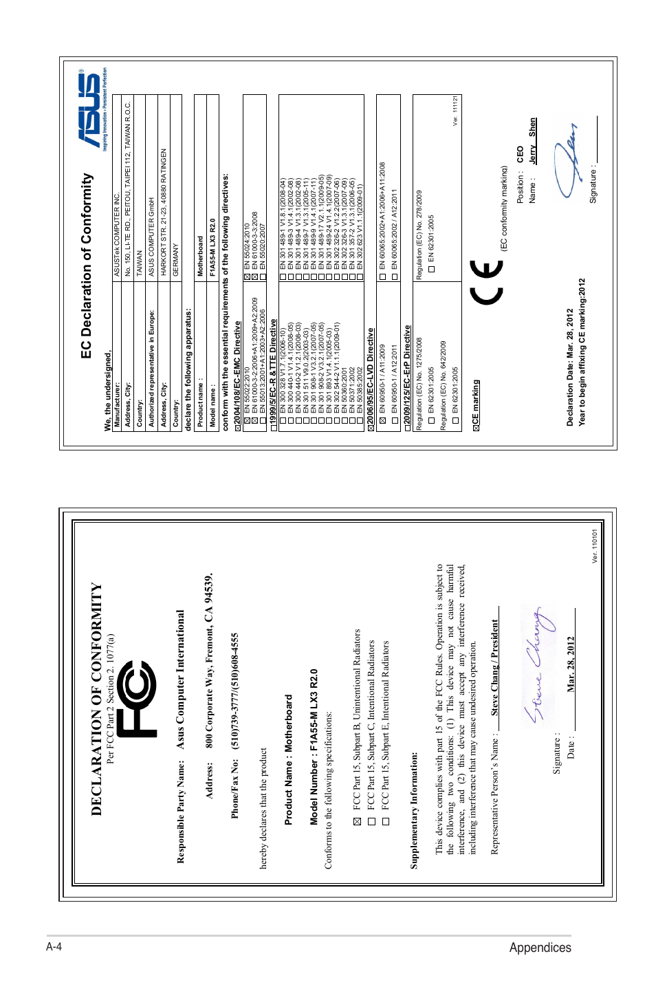 Declaration of conformity, Appendices, Ec declaration of conformity | Asu s c om pu te r in te rn at io na l | Asus F1A55-M LX3 R2.0 User Manual | Page 68 / 69