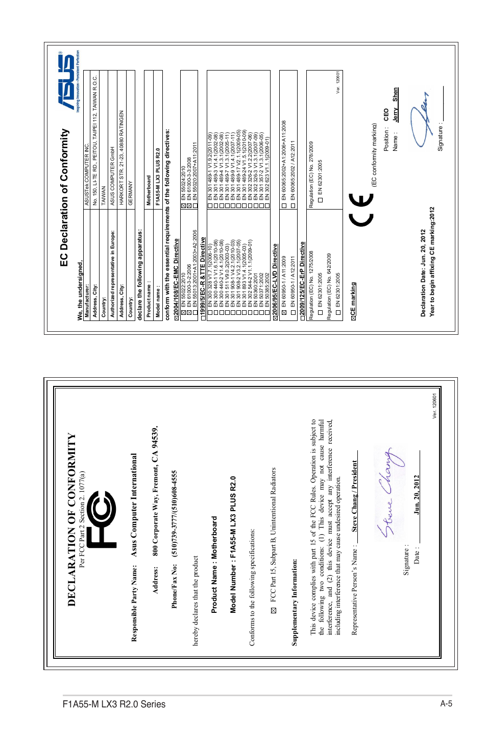 Declaration of conformity, Ec declaration of conformity, Asu s c om pu te r in te rn at io na l | Asus F1A55-M LX3 R2.0 User Manual | Page 69 / 69