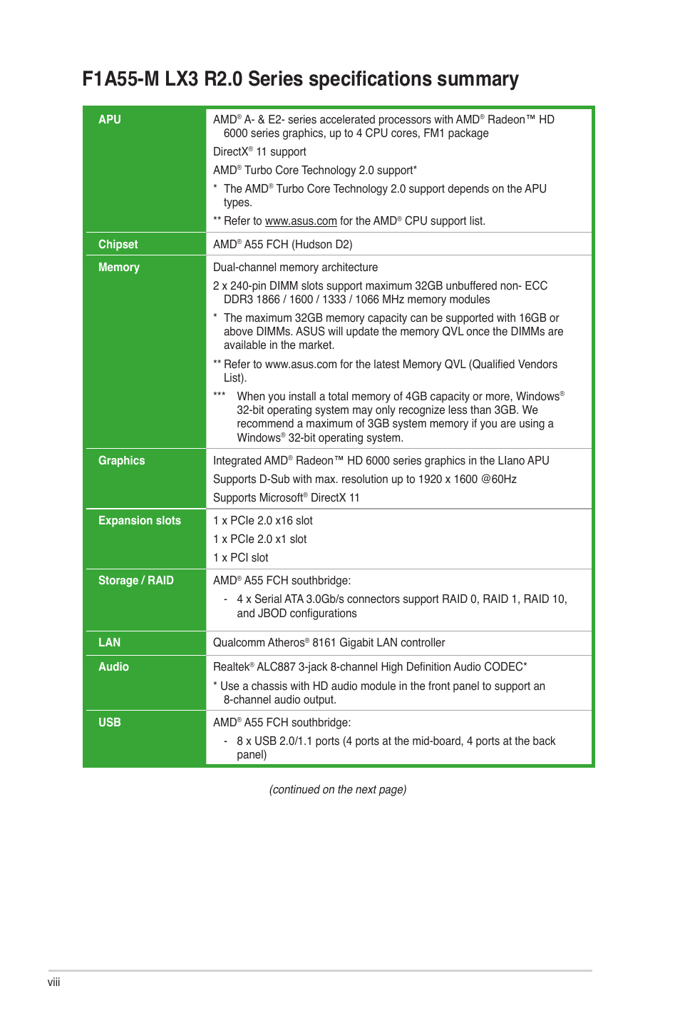 F1a55-m lx3 r2.0 series specifications summary | Asus F1A55-M LX3 R2.0 User Manual | Page 8 / 69