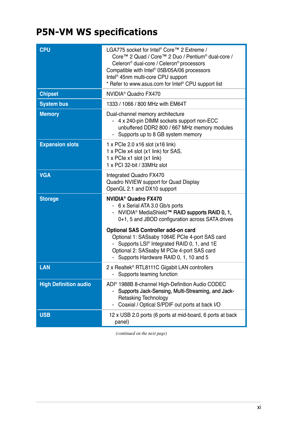 P5n-vm ws specifications | Asus P5N-VM WS User Manual | Page 11 / 122