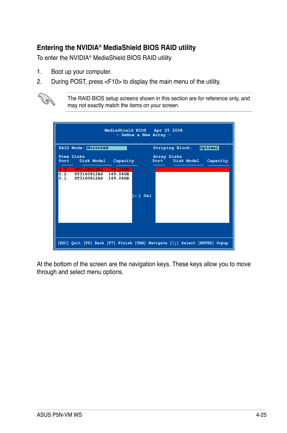 Entering the nvidia, Mediashield bios raid utility | Asus P5N-VM WS User Manual | Page 113 / 122