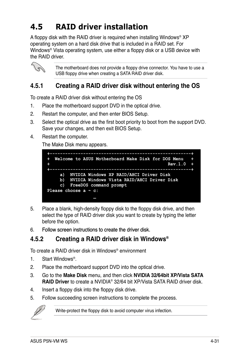 5 raid driver installation, 2 creating a raid driver disk in windows, Raid driver installation -31 4.5.1 | Creating a raid driver disk in windows | Asus P5N-VM WS User Manual | Page 119 / 122