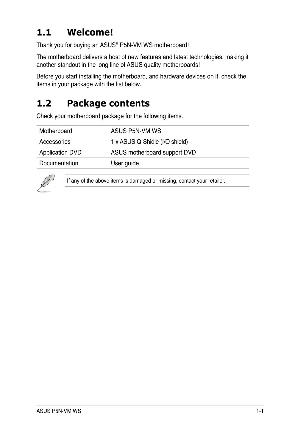 1 welcome, 2 package contents, Welcome! -1 | Package contents -1 | Asus P5N-VM WS User Manual | Page 15 / 122