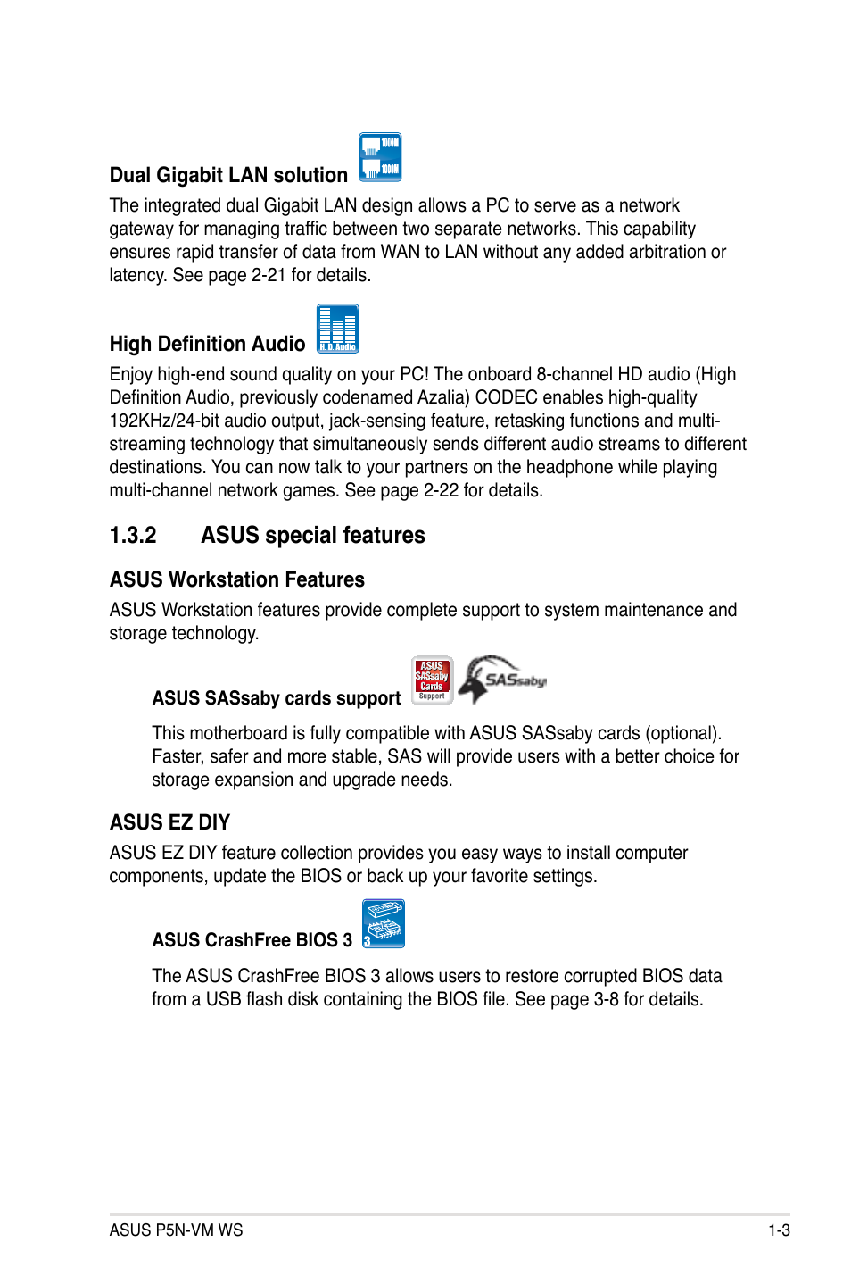 2 asus special features, Asus special features -3 | Asus P5N-VM WS User Manual | Page 17 / 122
