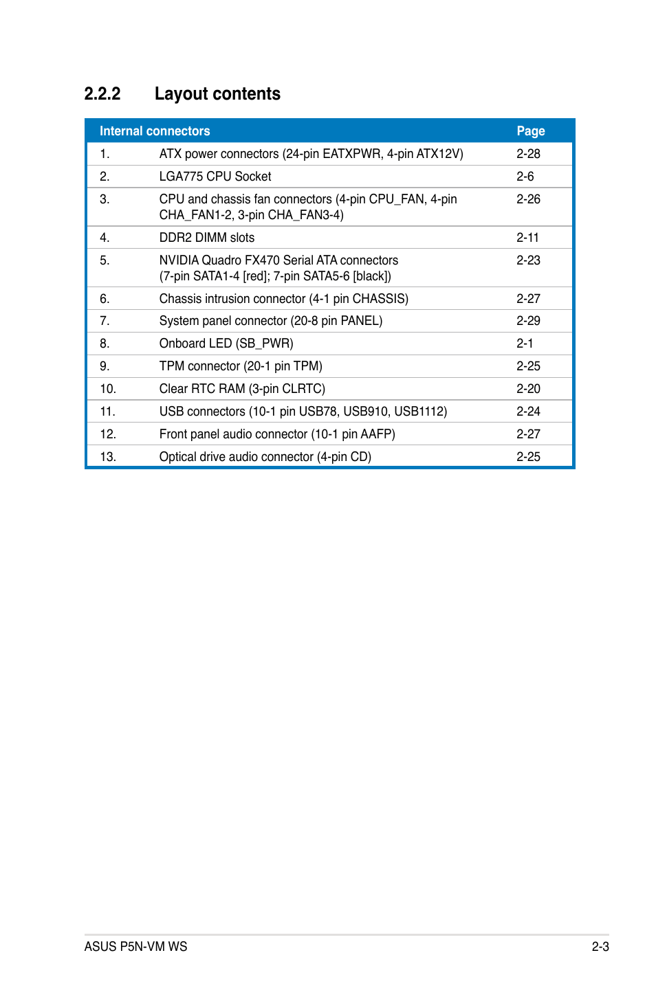 2 layout contents, Layout contents -3 | Asus P5N-VM WS User Manual | Page 23 / 122