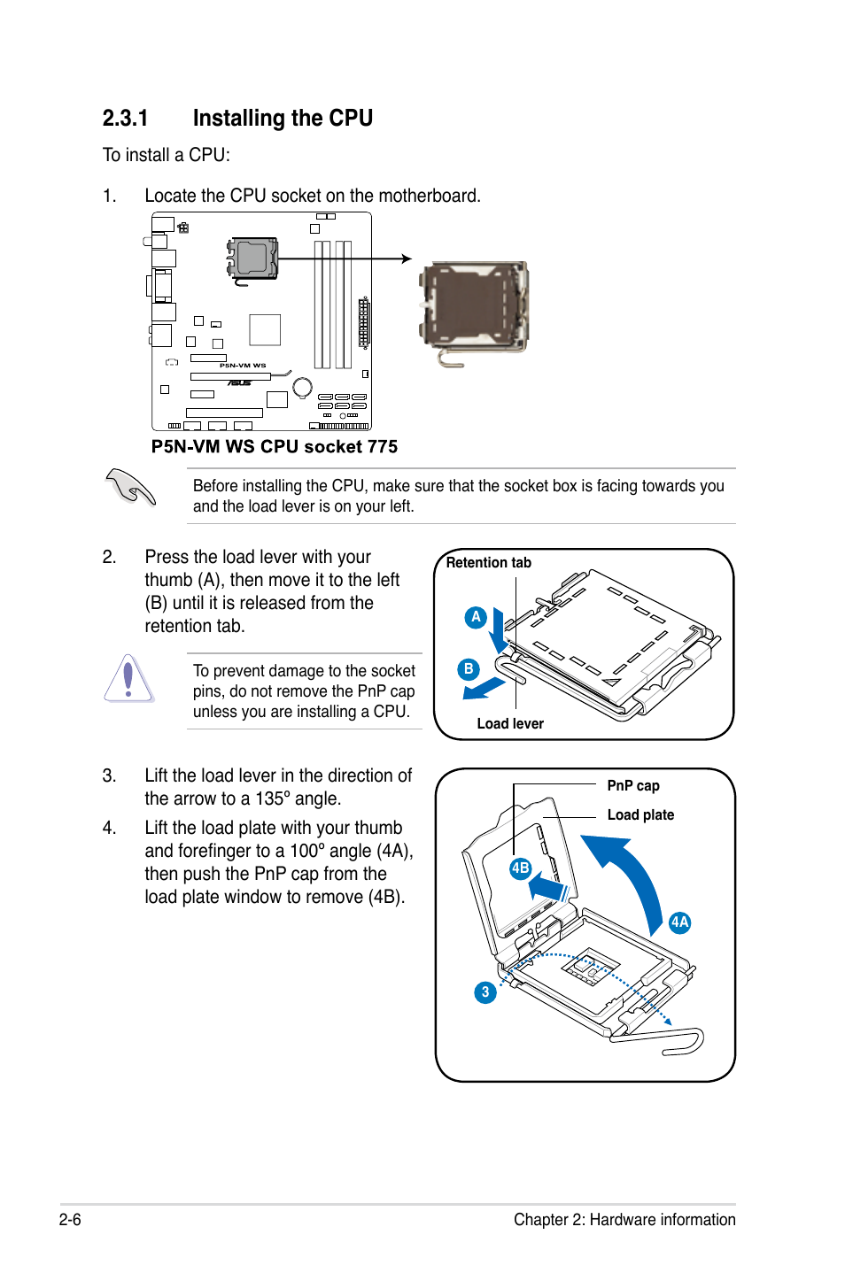 1 installing the cpu, Installing the cpu -6 | Asus P5N-VM WS User Manual | Page 26 / 122