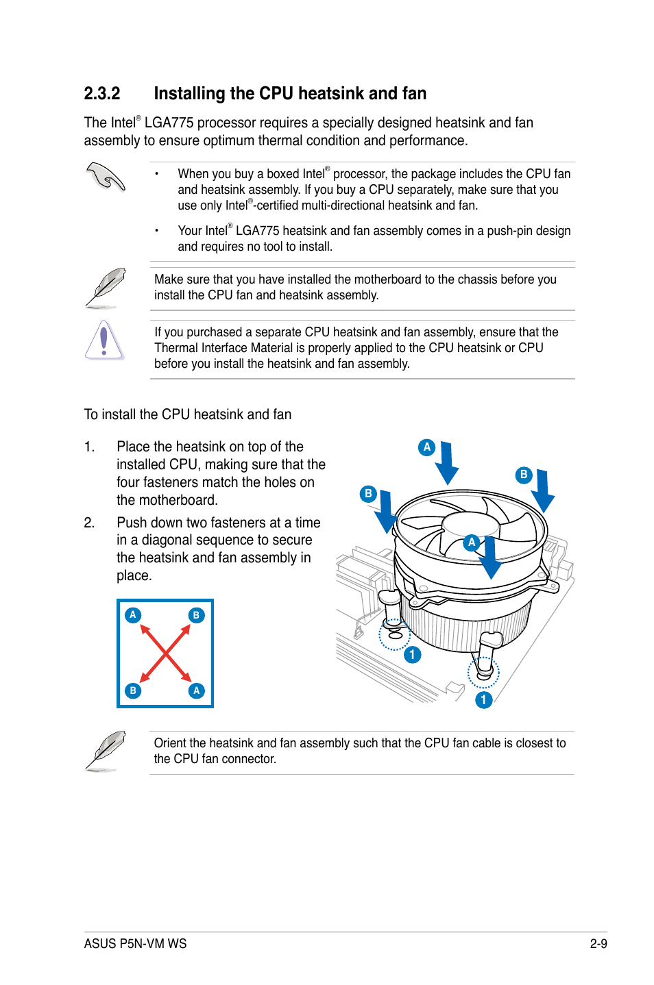 2 installing the cpu heatsink and fan, Installing the cpu heatsink and fan -9 | Asus P5N-VM WS User Manual | Page 29 / 122