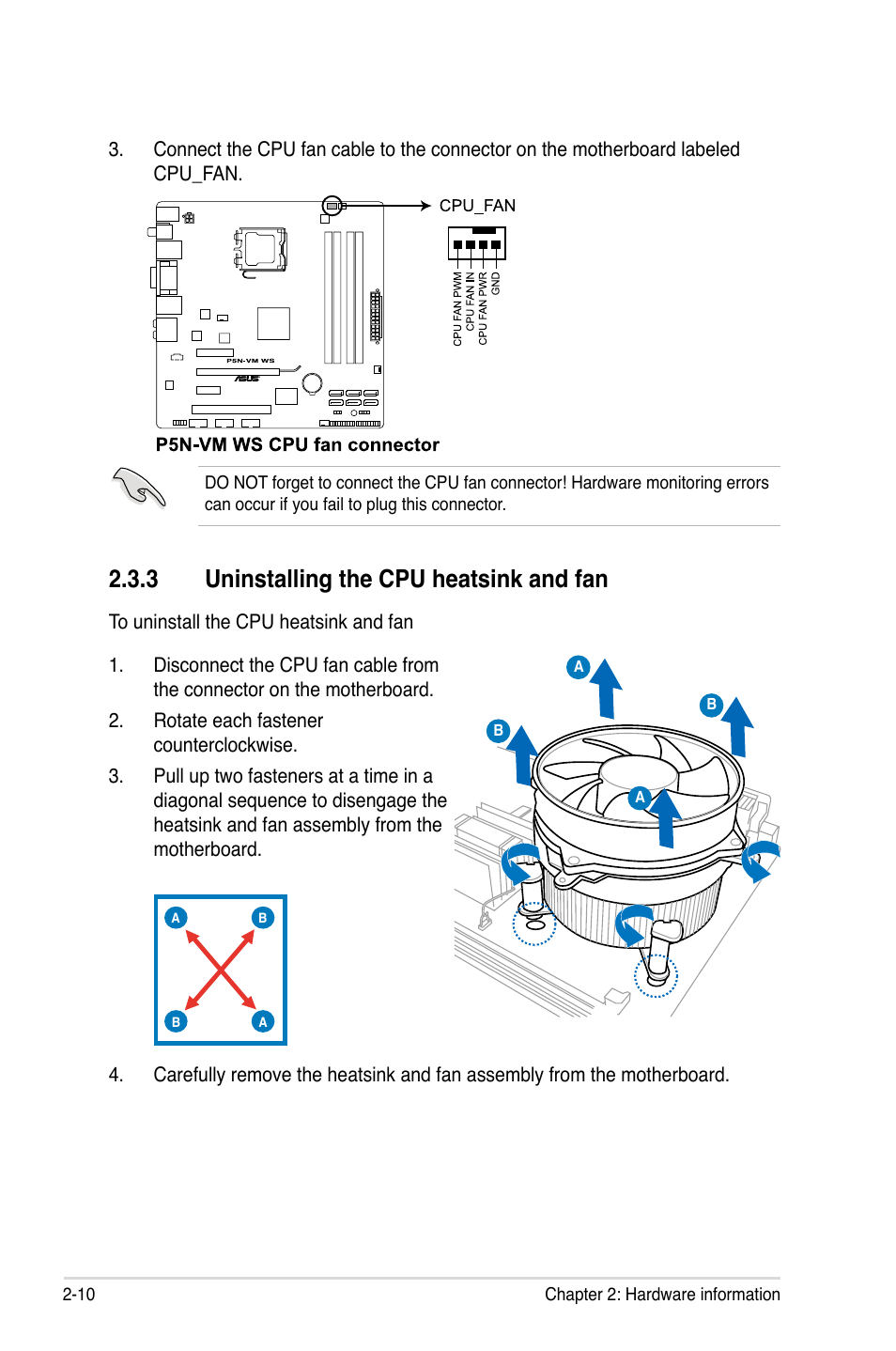 3 uninstalling the cpu heatsink and fan, Uninstalling the cpu heatsink and fan -10 | Asus P5N-VM WS User Manual | Page 30 / 122