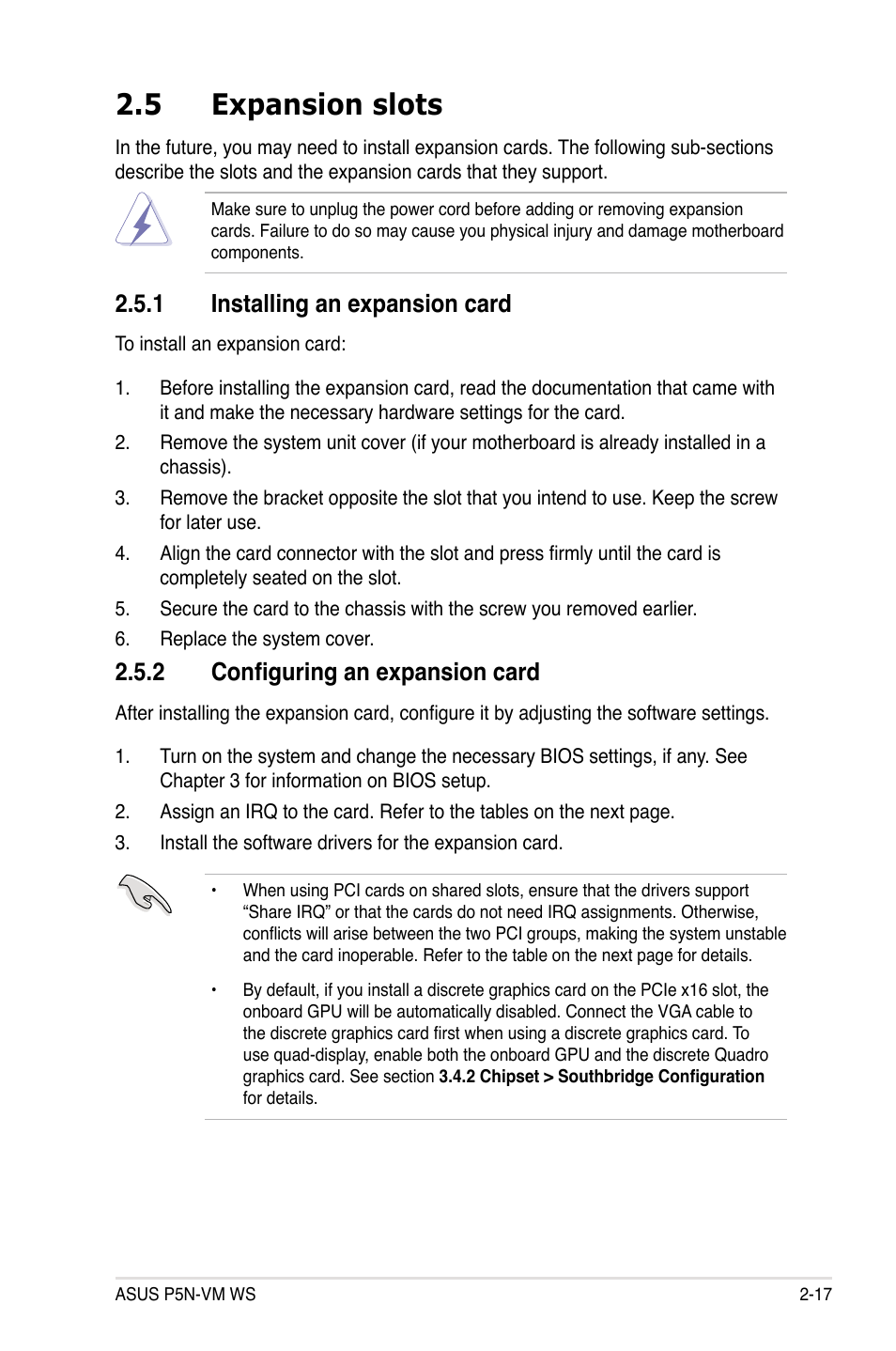 5 expansion slots, 1 installing an expansion card, 2 configuring an expansion card | Expansion slots -17 2.5.1, Installing an expansion card -17, Configuring an expansion card -17 | Asus P5N-VM WS User Manual | Page 37 / 122