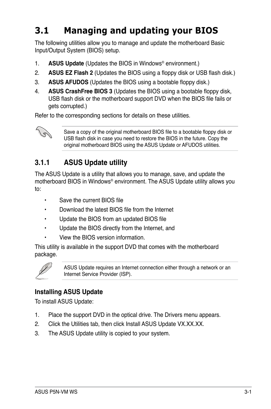 1 managing and updating your bios, 1 asus update utility, Managing and updating your bios -1 3.1.1 | Asus update utility -1 | Asus P5N-VM WS User Manual | Page 55 / 122