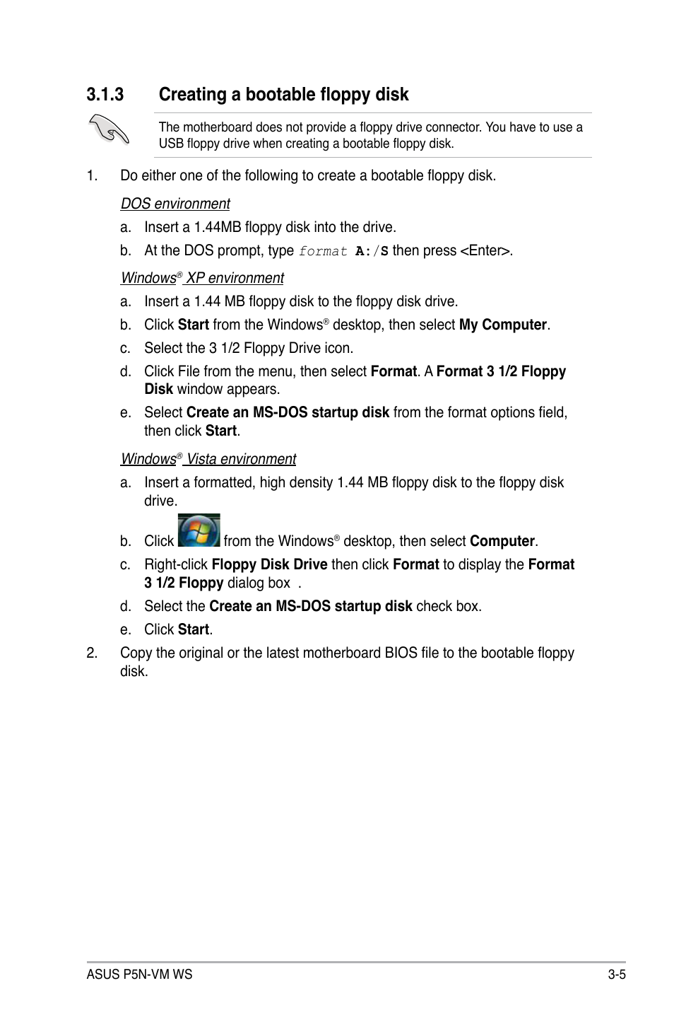 3 creating a bootable floppy disk, Creating a bootable floppy disk -5 | Asus P5N-VM WS User Manual | Page 59 / 122