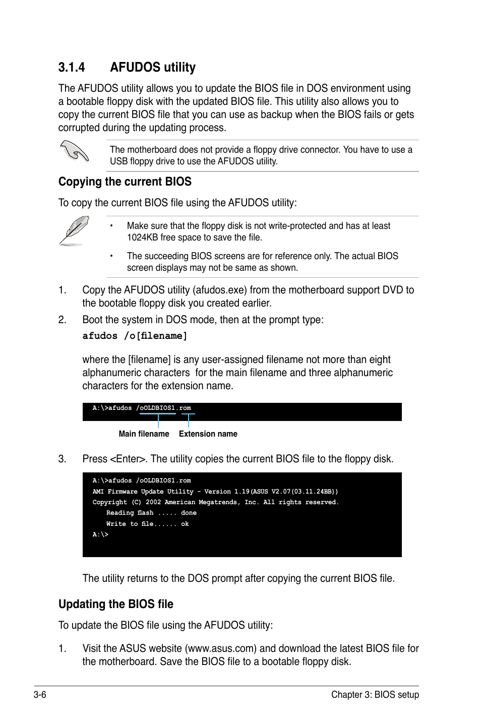 4 afudos utility, Afudos utility -6, Copying the current bios | Updating the bios file | Asus P5N-VM WS User Manual | Page 60 / 122