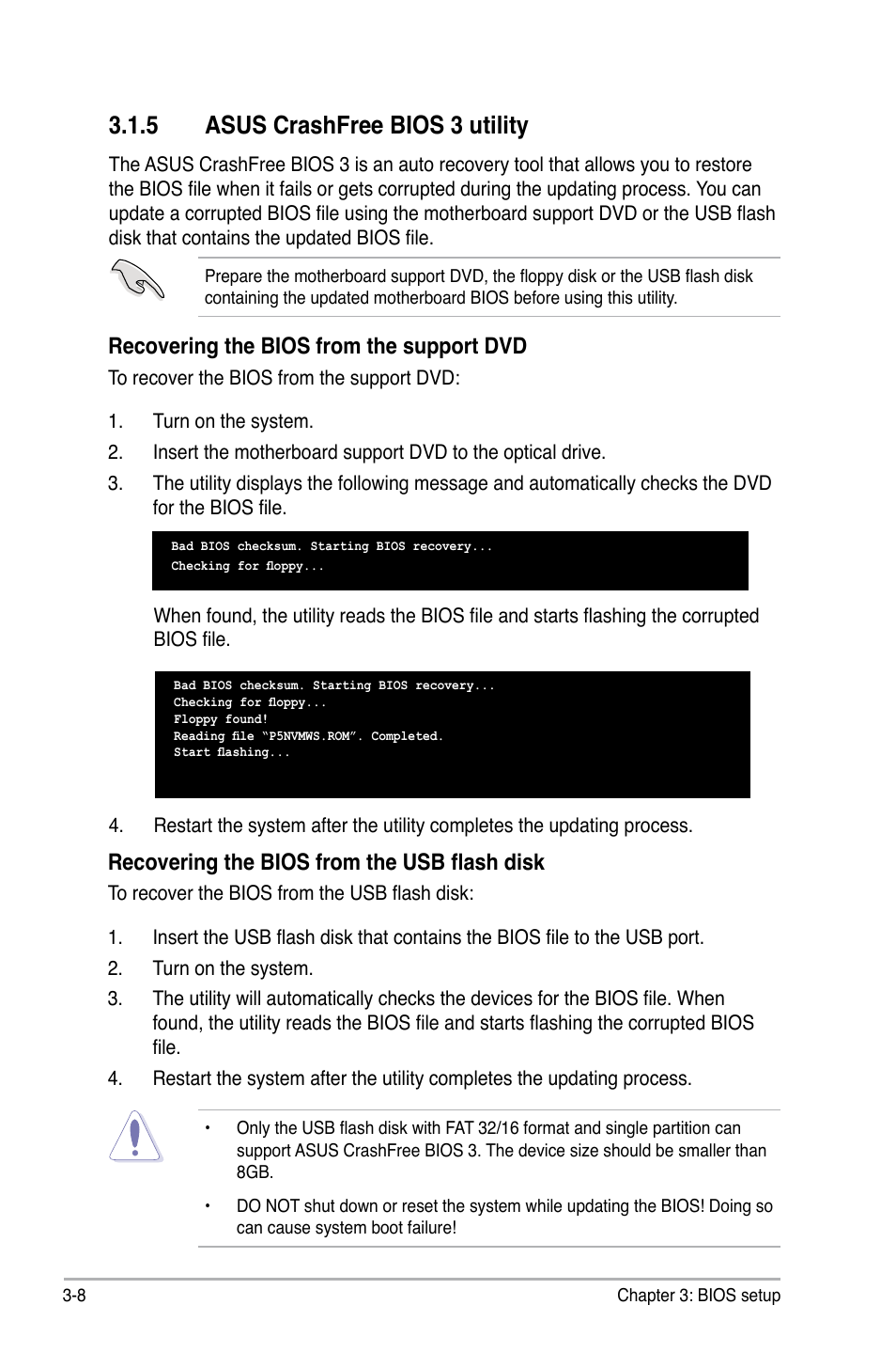5 asus crashfree bios 3 utility, Asus crashfree bios 3 utility -8, Recovering the bios from the support dvd | Recovering the bios from the usb flash disk | Asus P5N-VM WS User Manual | Page 62 / 122