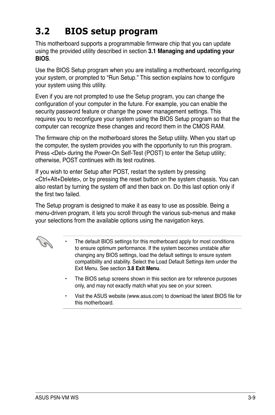 2 bios setup program, Bios setup program -9 | Asus P5N-VM WS User Manual | Page 63 / 122