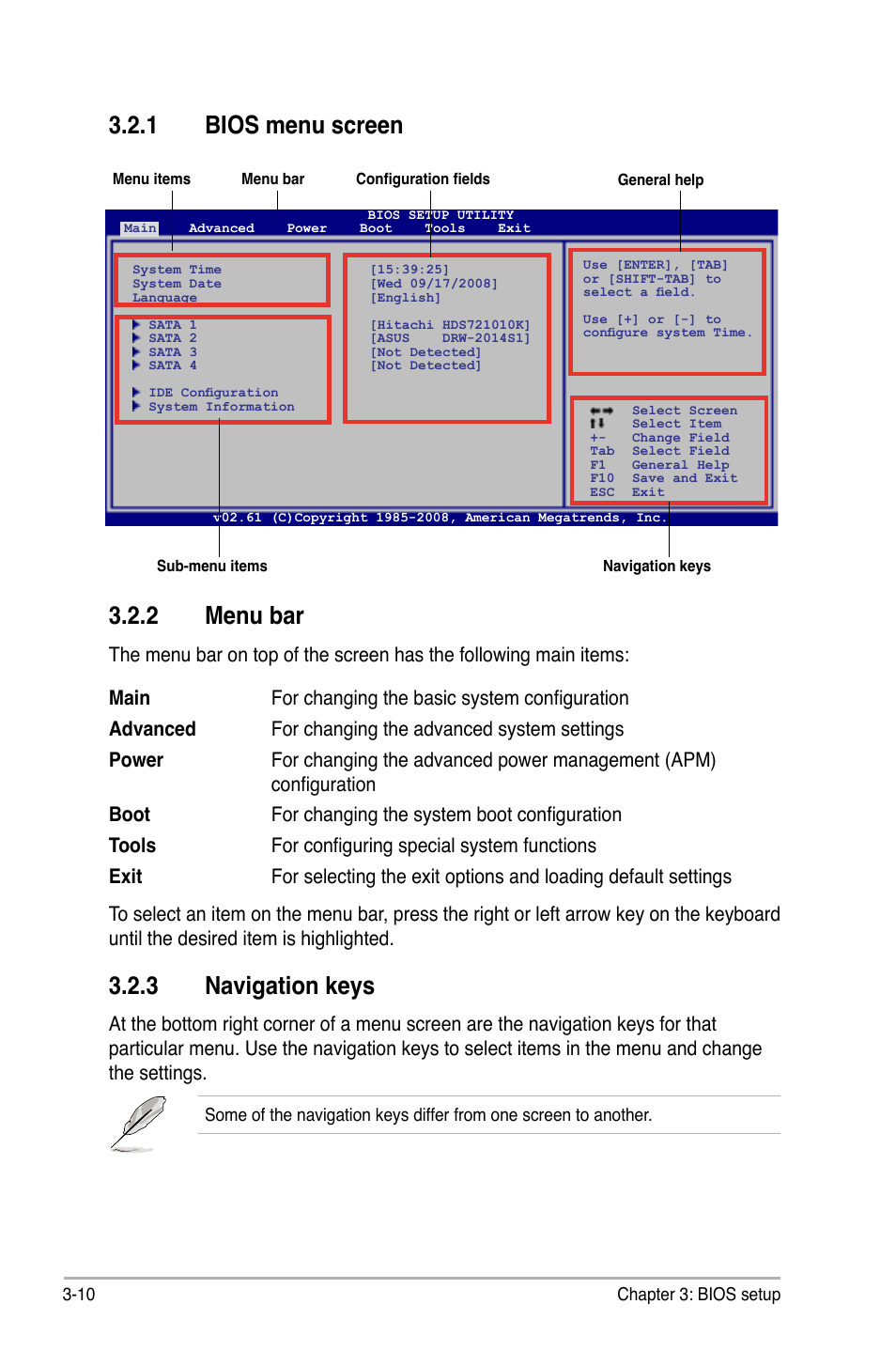 1 bios menu screen, 2 menu bar, 3 navigation keys | Bios menu screen -10, Menu bar -10, Navigation keys -10, 1 bios menu screen 3.2.2 menu bar | Asus P5N-VM WS User Manual | Page 64 / 122