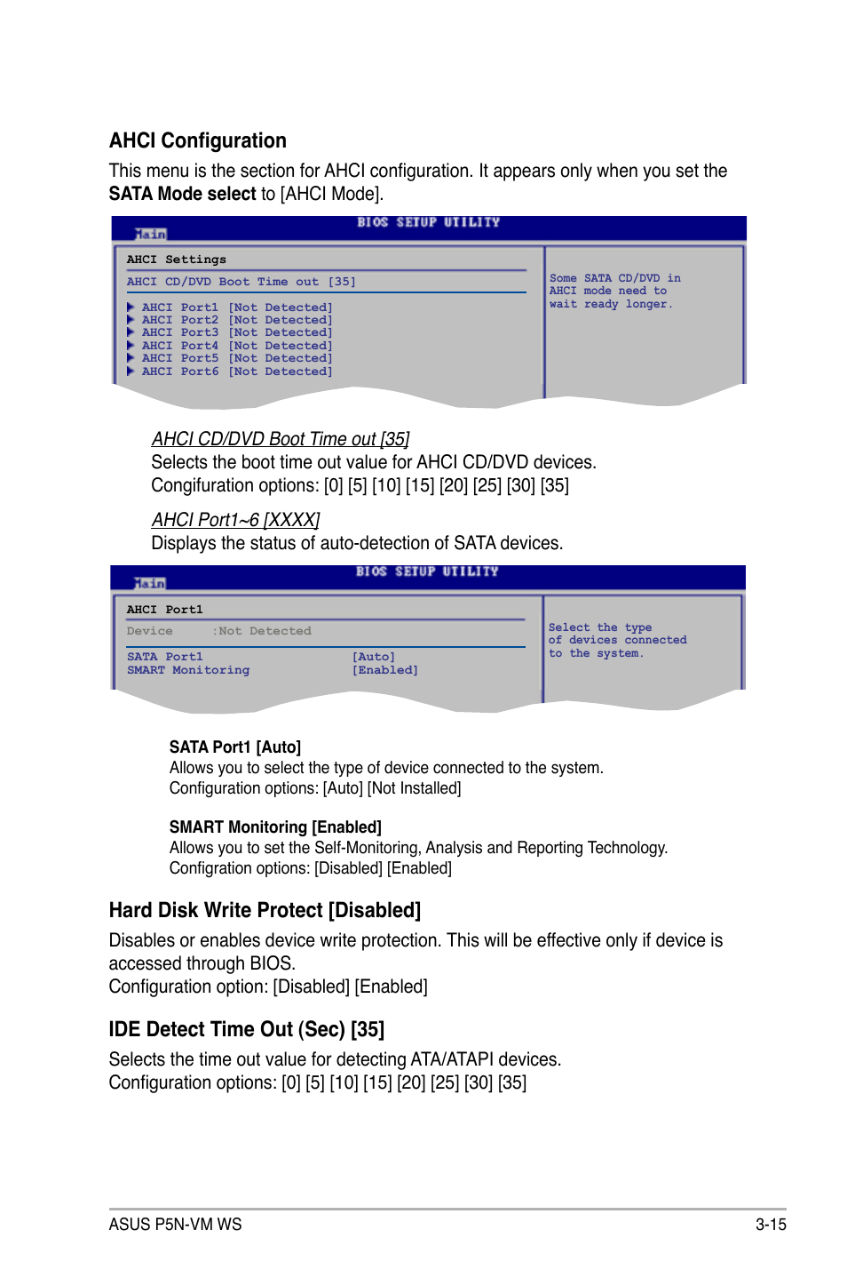 Ahci configuration, Hard disk write protect [disabled, Ide detect time out (sec) [35 | Asus P5N-VM WS User Manual | Page 69 / 122