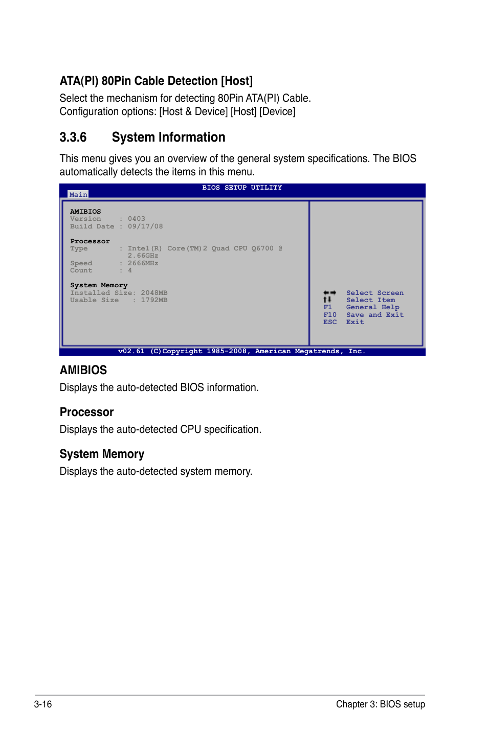 6 system information, System information -16, Amibios | Processor, Ata(pi) 80pin cable detection [host | Asus P5N-VM WS User Manual | Page 70 / 122
