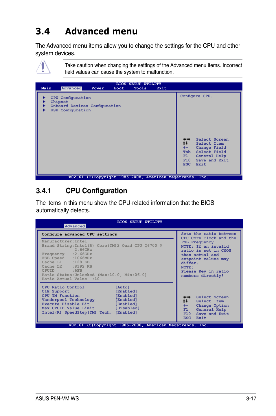 4 advanced menu, 1 cpu configuration, Advanced menu -17 3.4.1 | Cpu configuration -17, Asus p5n-vm ws 3-17 | Asus P5N-VM WS User Manual | Page 71 / 122