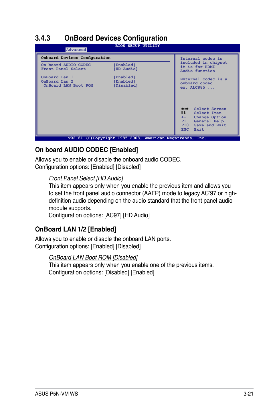 3 onboard devices configuration, Onboard devices configuration -21, On board audio codec [enabled | Onboard lan 1/2 [enabled | Asus P5N-VM WS User Manual | Page 75 / 122