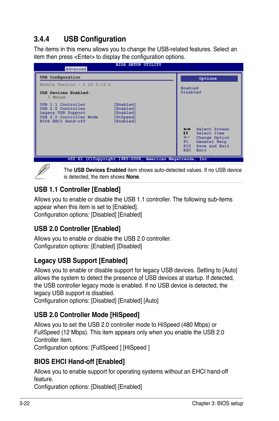 4 usb configuration, Usb configuration -22, Usb 1.1 controller [enabled | Usb 2.0 controller [enabled, Legacy usb support [enabled, Usb 2.0 controller mode [hispeed, Bios ehci hand-off [enabled | Asus P5N-VM WS User Manual | Page 76 / 122