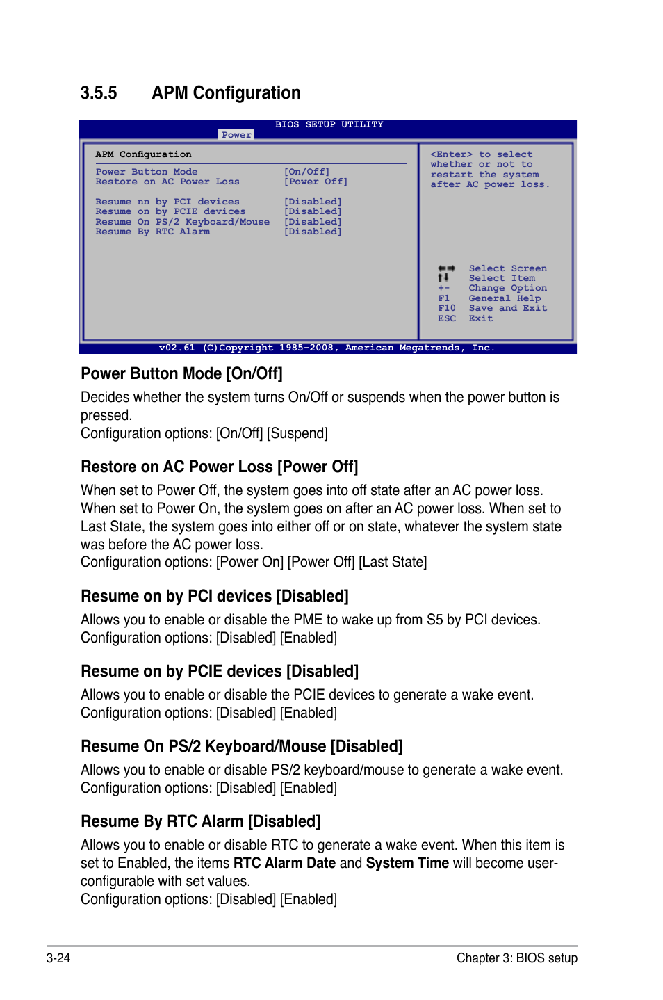 5 apm configuration, Apm configuration -24, Power button mode [on/off | Restore on ac power loss [power off, Resume on by pci devices [disabled, Resume on by pcie devices [disabled, Resume on ps/2 keyboard/mouse [disabled, Resume by rtc alarm [disabled | Asus P5N-VM WS User Manual | Page 78 / 122