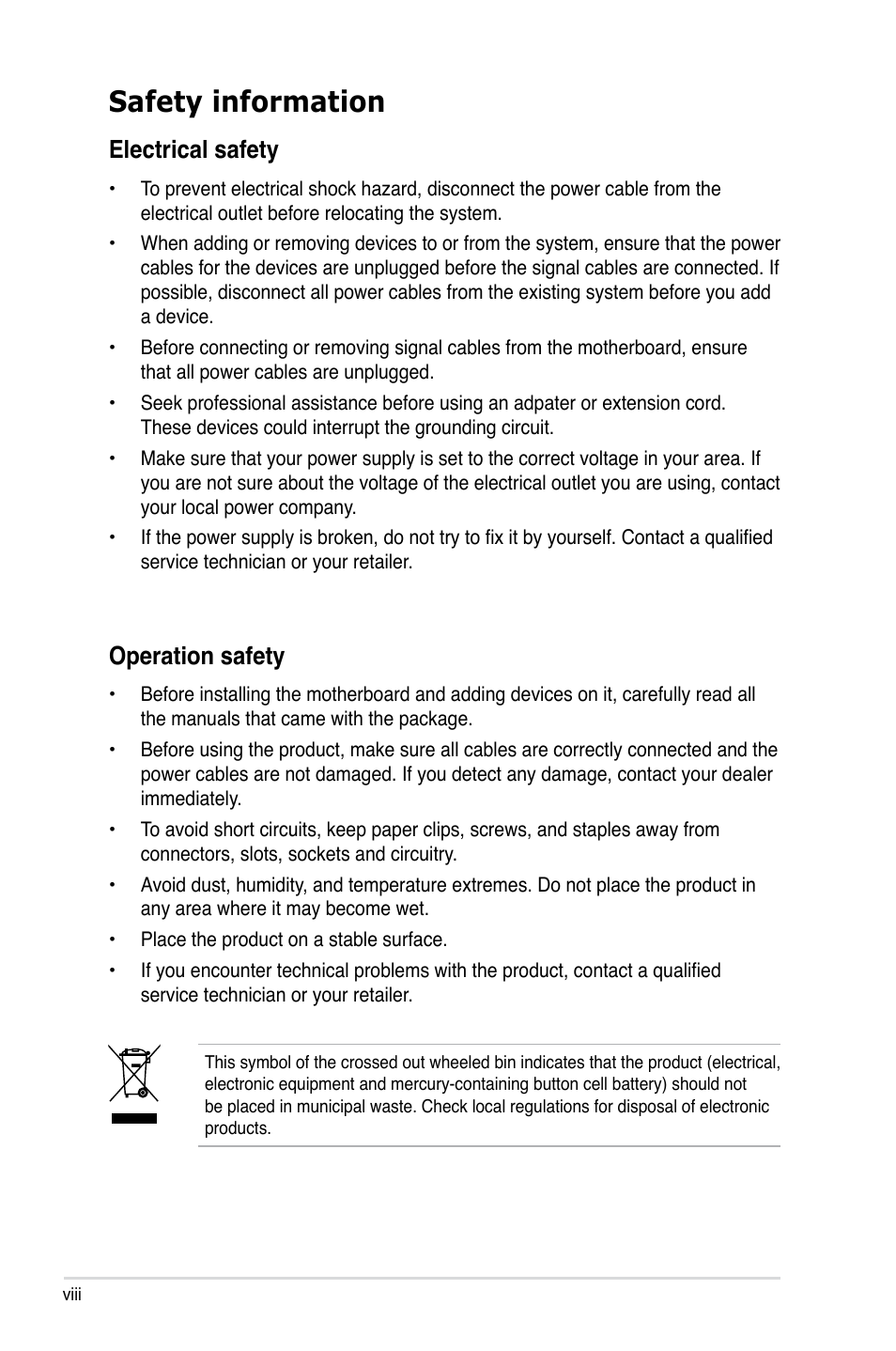 Safety information, Electrical safety, Operation safety | Asus P5N-VM WS User Manual | Page 8 / 122