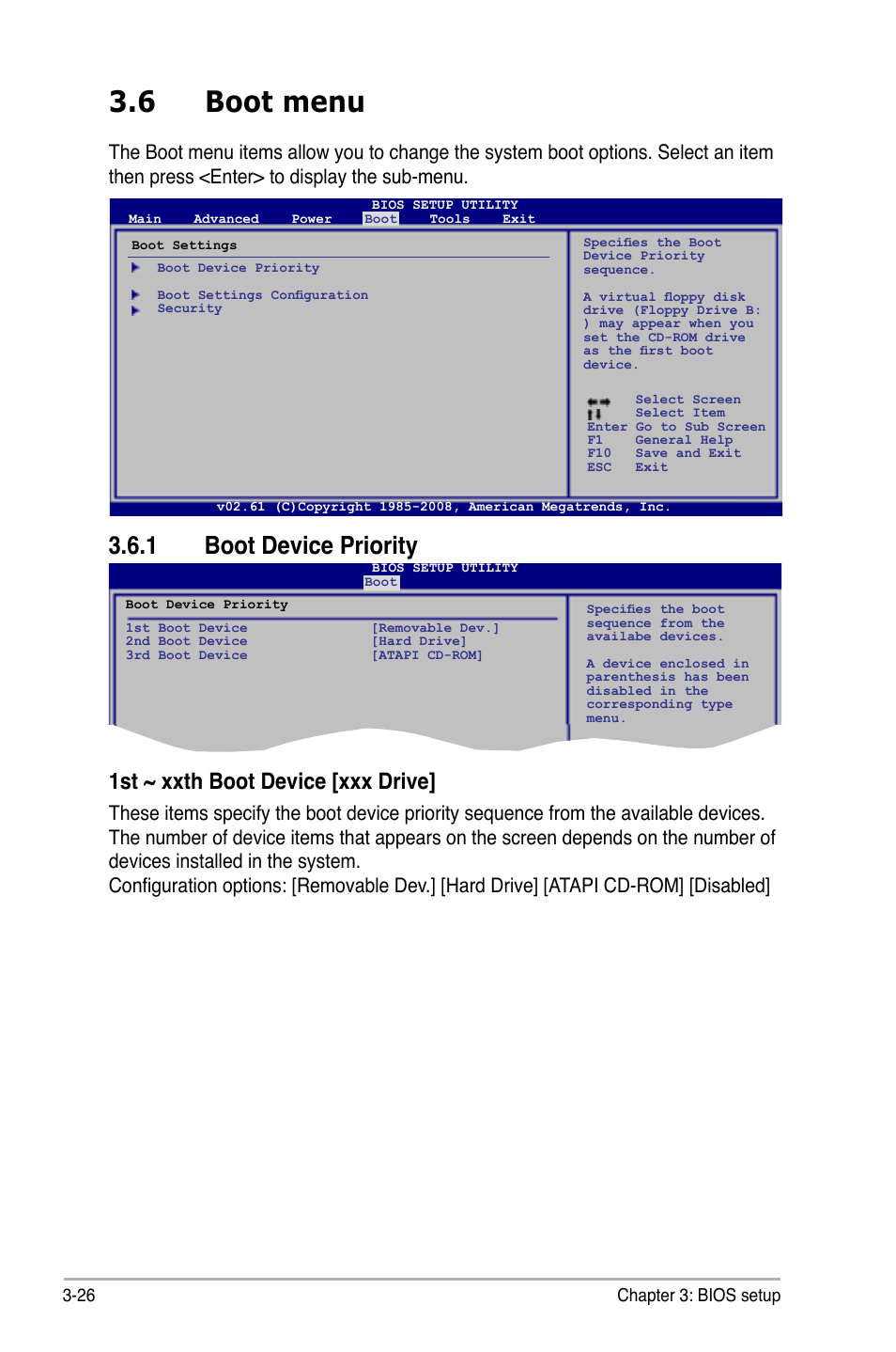 6 boot menu, 1 boot device priority, Boot menu -26 3.6.1 | Boot device priority -26, 1st ~ xxth boot device [xxx drive | Asus P5N-VM WS User Manual | Page 80 / 122