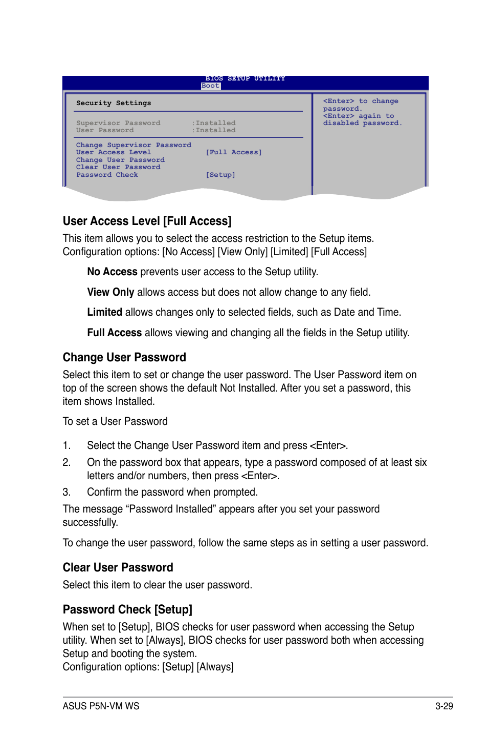 User access level [full access, Change user password, Clear user password | Password check [setup | Asus P5N-VM WS User Manual | Page 83 / 122