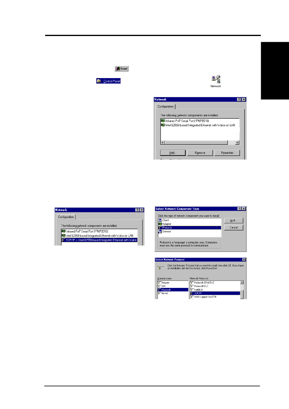 Chapter 1 - introduction, Checking if tcp/ip is already installed, Adding tcp/ip in network properties | Changing tcp/ip settings | Asus ACM6050EB User Manual | Page 7 / 16