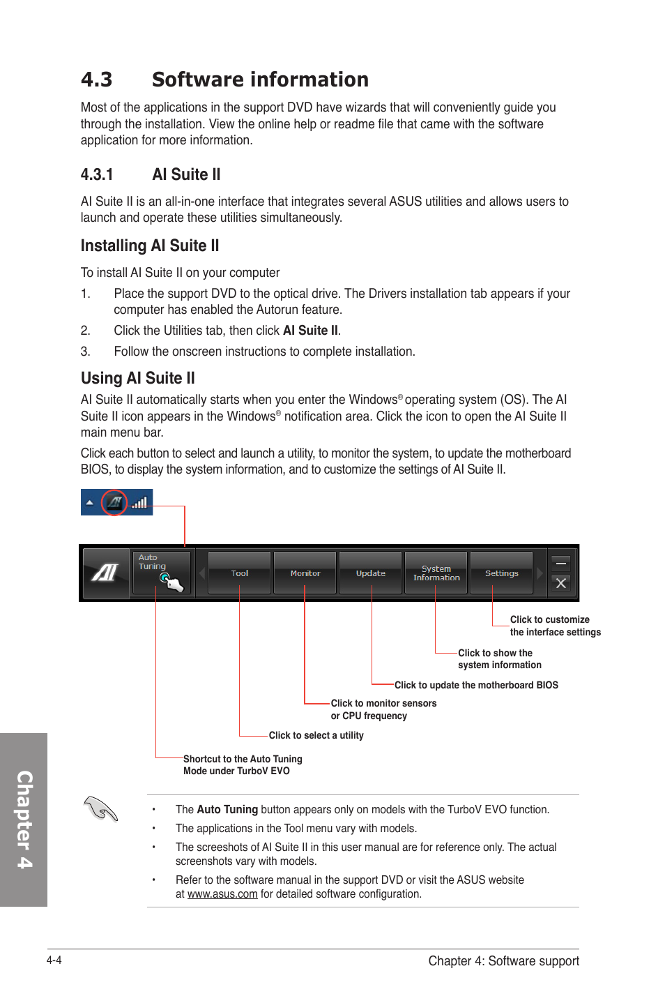 3 software information, 1 ai suite ii, Software information -4 | Ai suite ii -4, Chapter 4 4.3 software information, Installing ai suite ii, Using ai suite ii | Asus P8B75-V User Manual | Page 101 / 133