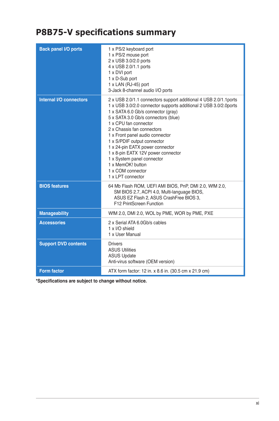 P8b75-v specifications summary | Asus P8B75-V User Manual | Page 11 / 133