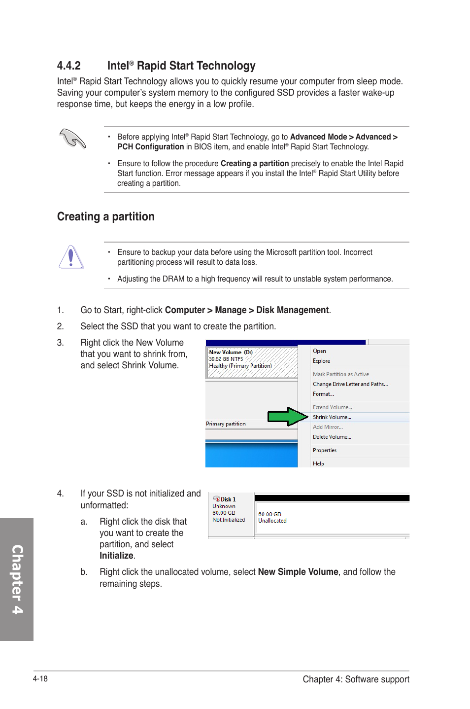 Chapter 4, Creating a partition, 2 intel | Rapid start technology | Asus P8B75-V User Manual | Page 115 / 133