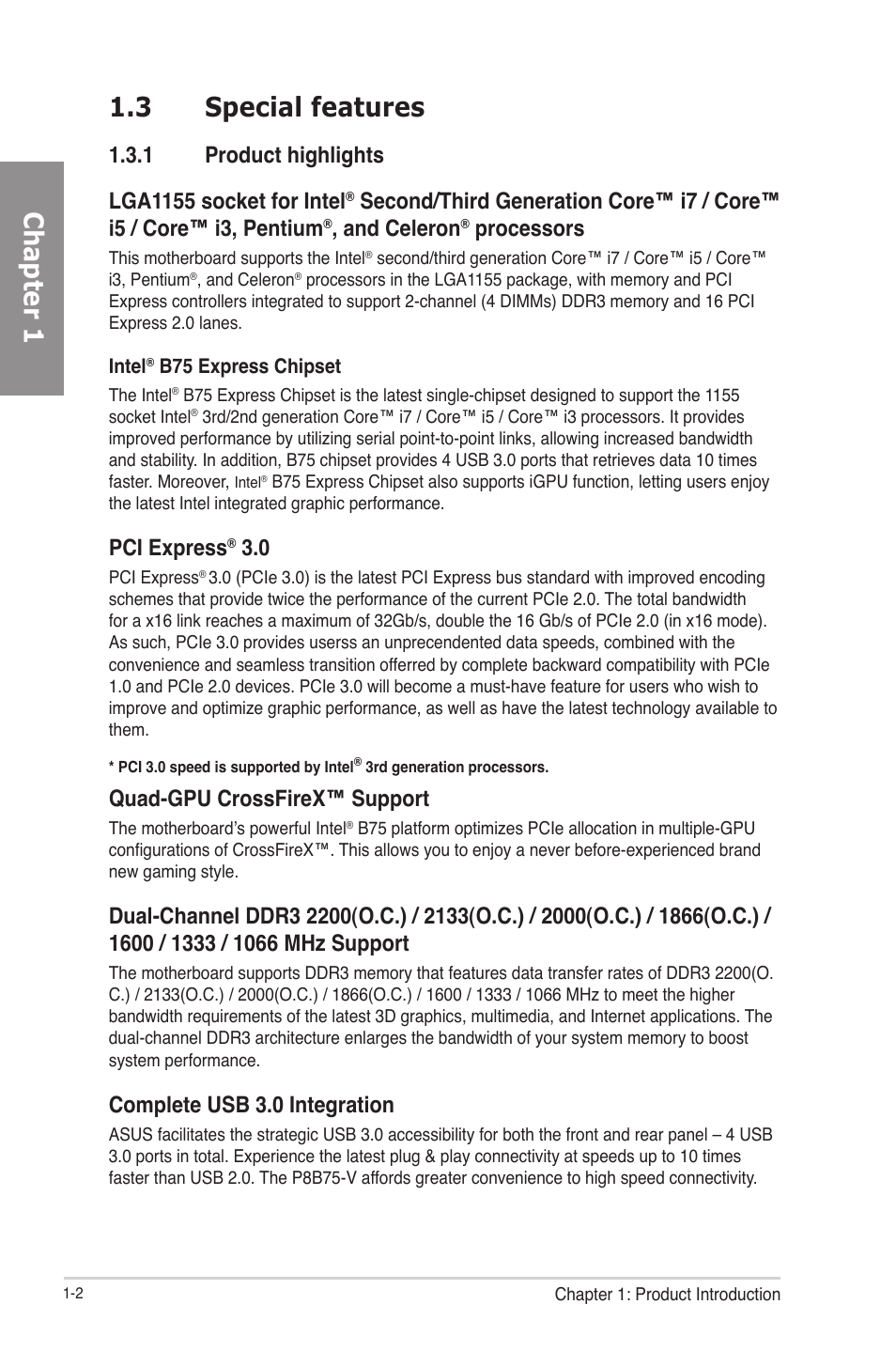 3 special features, 1 product highlights, Special features -2 | Product highlights -2, Chapter 1 1.3 special features, And celeron, Processors, Pci express, Quad-gpu crossfirex™ support, Complete usb 3.0 integration | Asus P8B75-V User Manual | Page 14 / 133