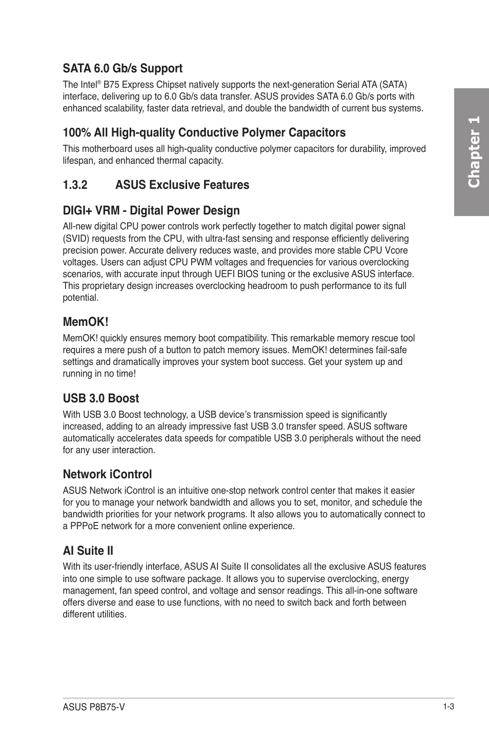 2 asus exclusive features, Asus exclusive features -3, Chapter 1 | Sata 6.0 gb/s support, Usb 3.0 boost, Network icontrol, Ai suite ii | Asus P8B75-V User Manual | Page 15 / 133