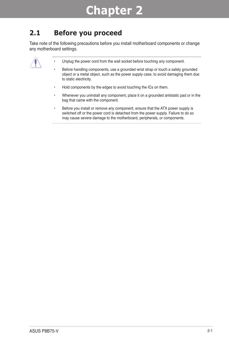 Chapter 2: hardware information, 1 before you proceed, Chapter 2 | Hardware information, Before you proceed -1 | Asus P8B75-V User Manual | Page 19 / 133