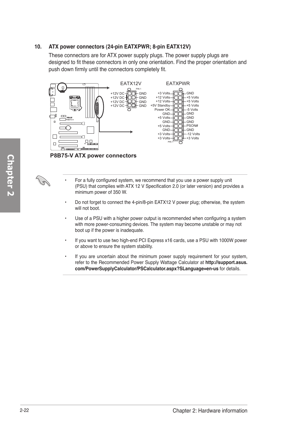 Chapter 2, Chapter 2: hardware information, P8b75-v atx power connectors | Asus P8B75-V User Manual | Page 40 / 133