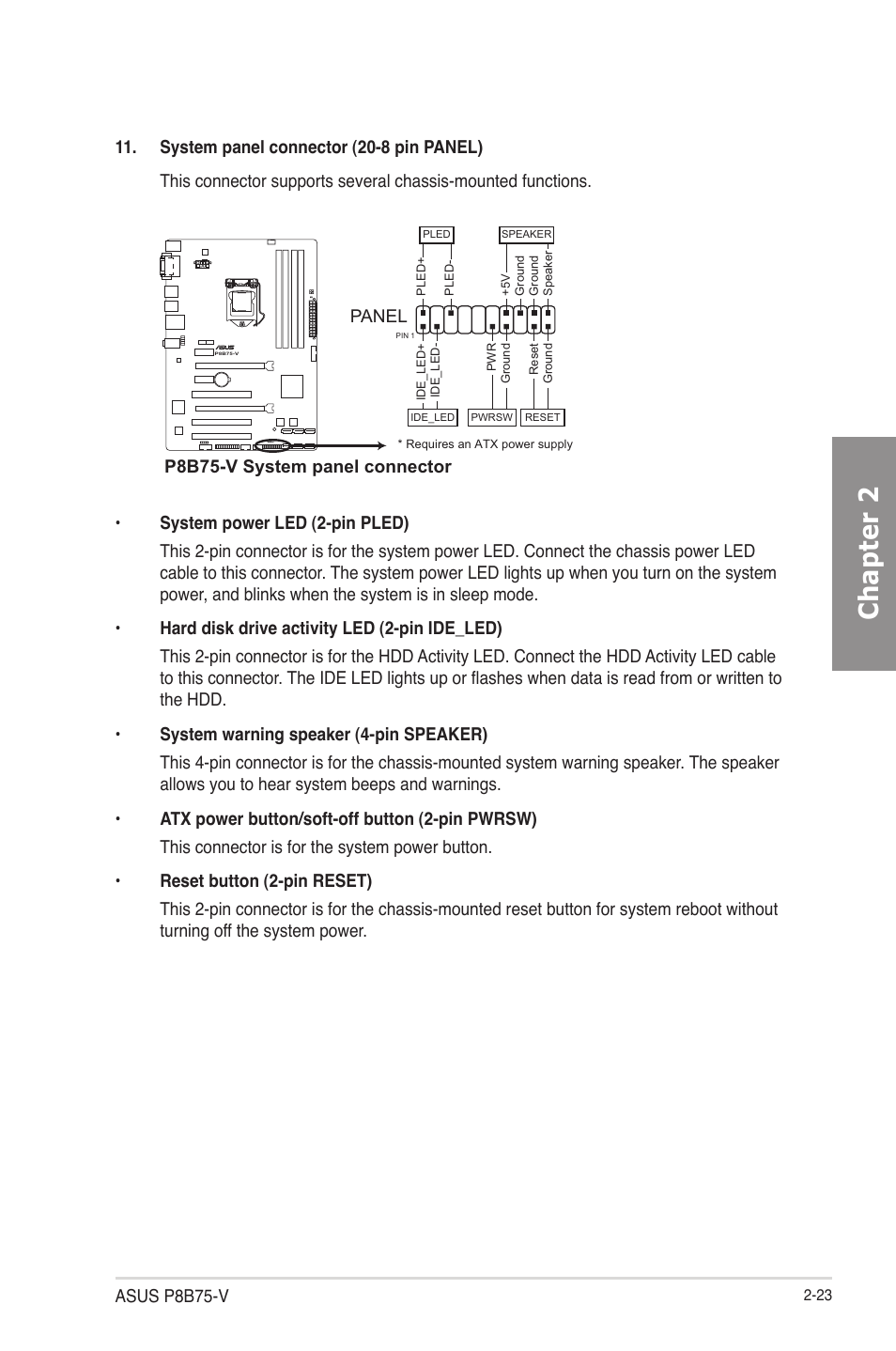 Chapter 2, Asus p8b75-v, P8b75-v system panel connector | Panel | Asus P8B75-V User Manual | Page 41 / 133