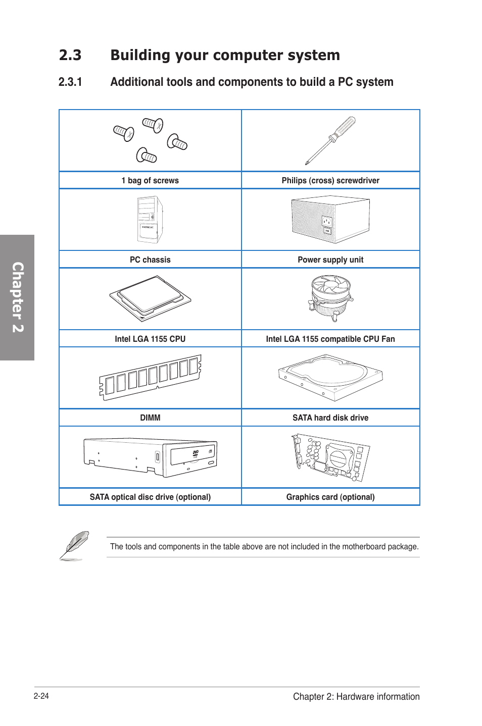 3 building your computer system, Building your computer system -24, Chapter 2 2.3 building your computer system | Asus P8B75-V User Manual | Page 42 / 133