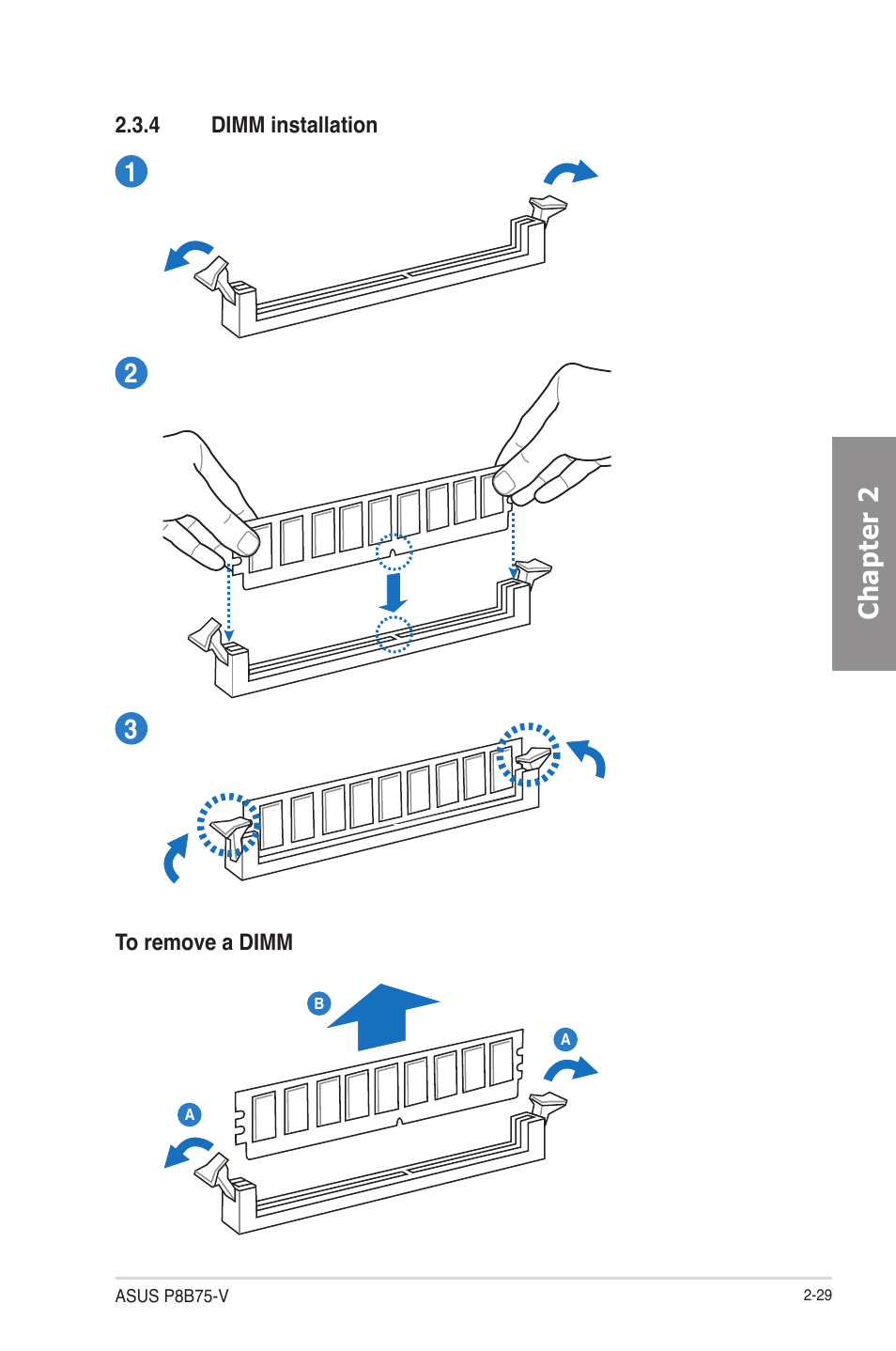 4 dimm installation, Dimm installation -29, Chapter 2 1 2 3 | Asus P8B75-V User Manual | Page 47 / 133
