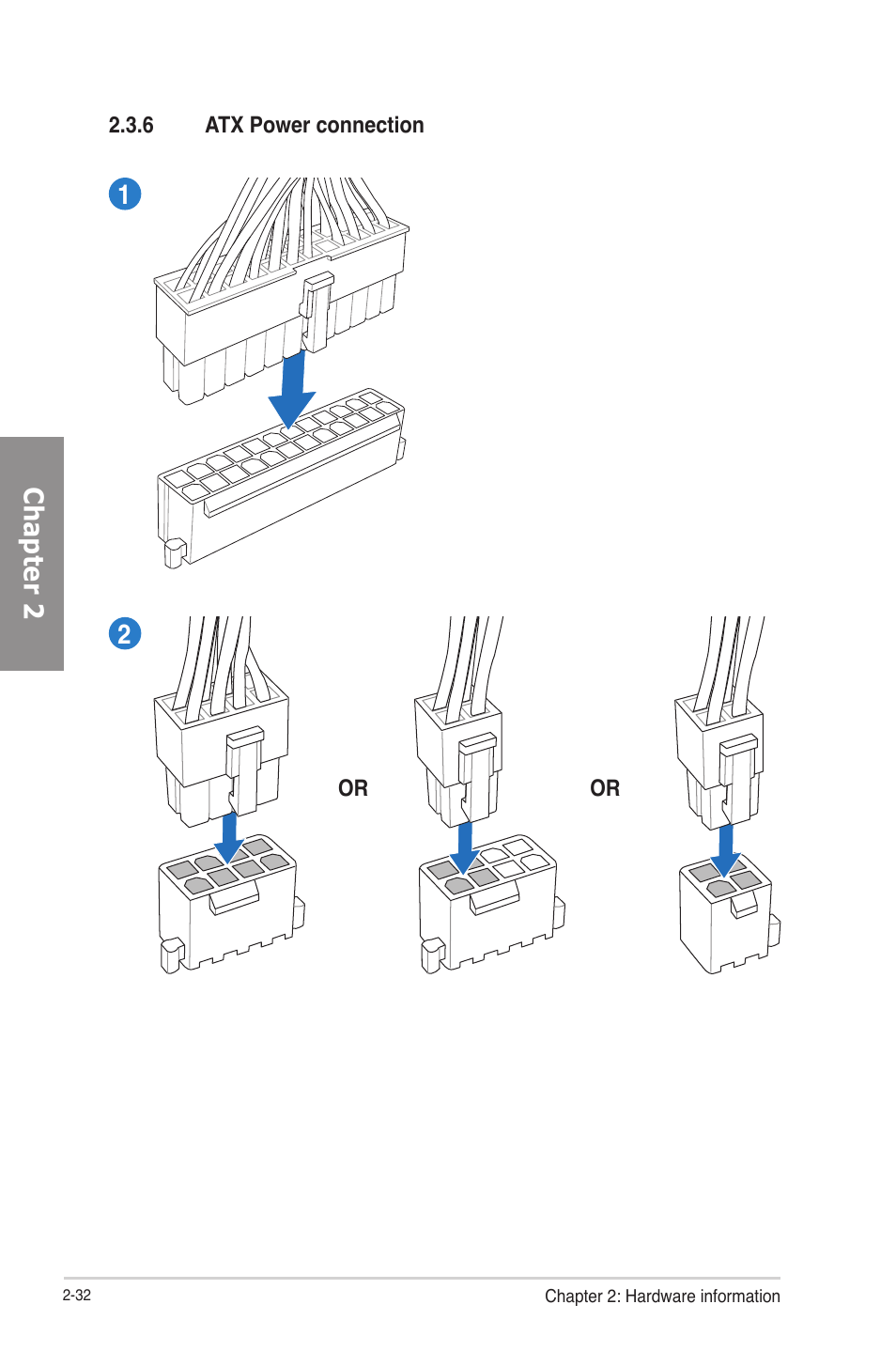 6 atx power connection, Atx power connection -32, Chapter 2 | Asus P8B75-V User Manual | Page 50 / 133