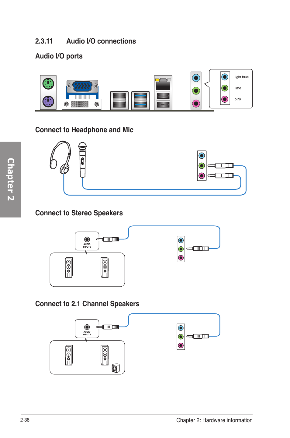 11 audio i/o connections, 11 audio i/o connections -38, Chapter 2 | Asus P8B75-V User Manual | Page 56 / 133