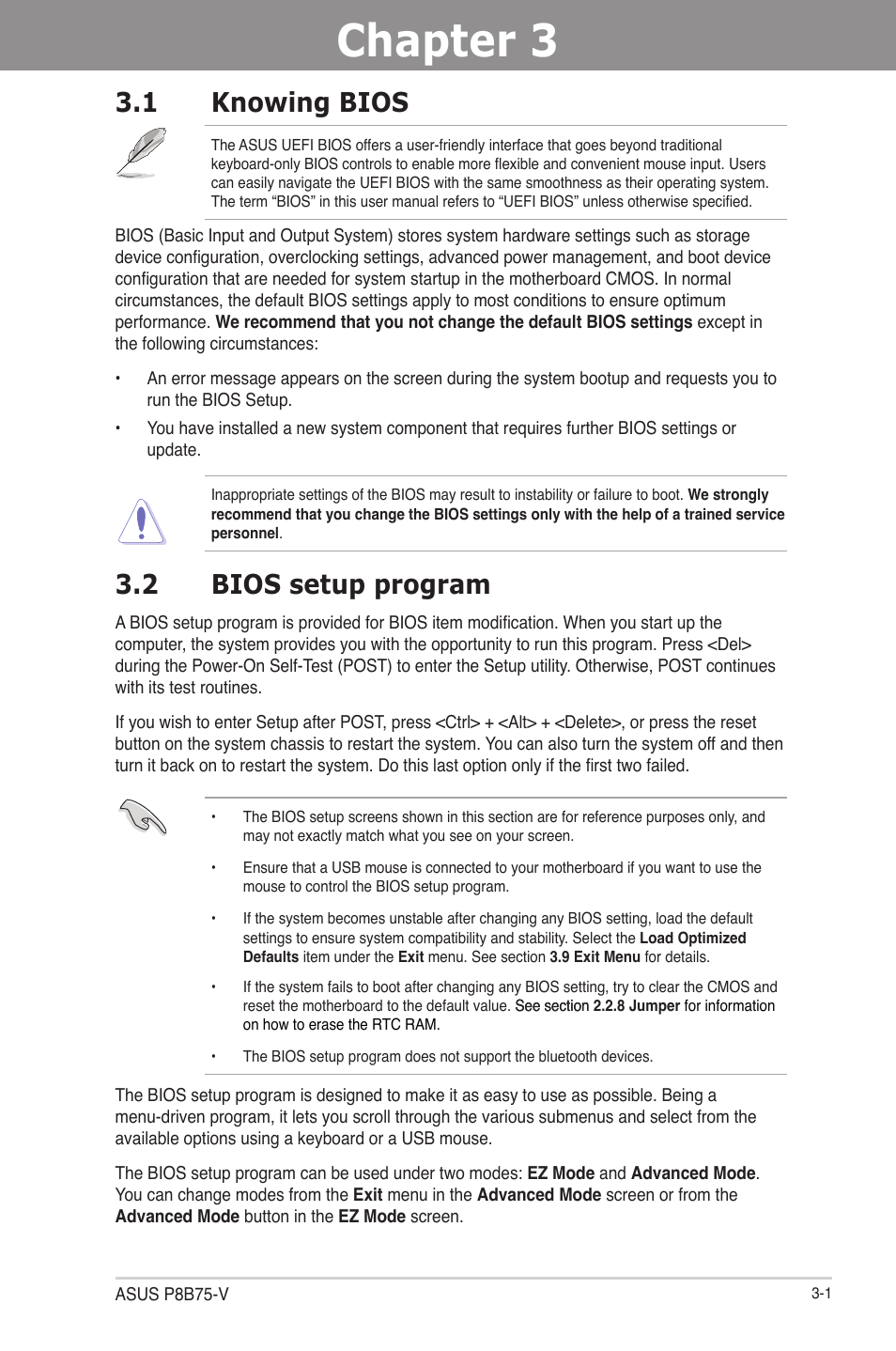 Chapter 3: bios setup, 1 knowing bios, 2 bios setup program | Chapter 3, Bios setup, Knowing bios -1, Bios setup program -1 | Asus P8B75-V User Manual | Page 59 / 133
