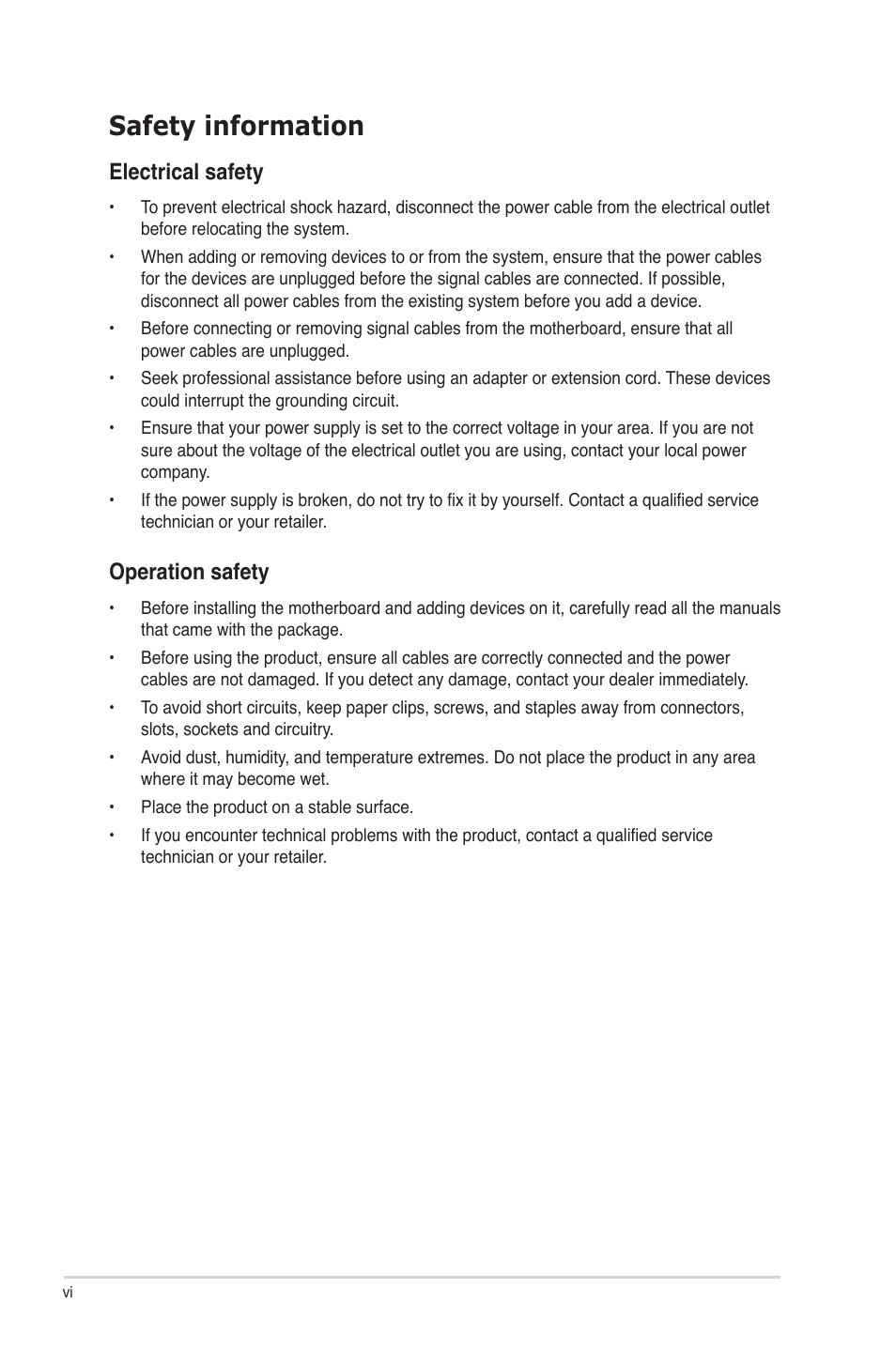 Safety information, Electrical safety, Operation safety | Asus P8B75-V User Manual | Page 6 / 133