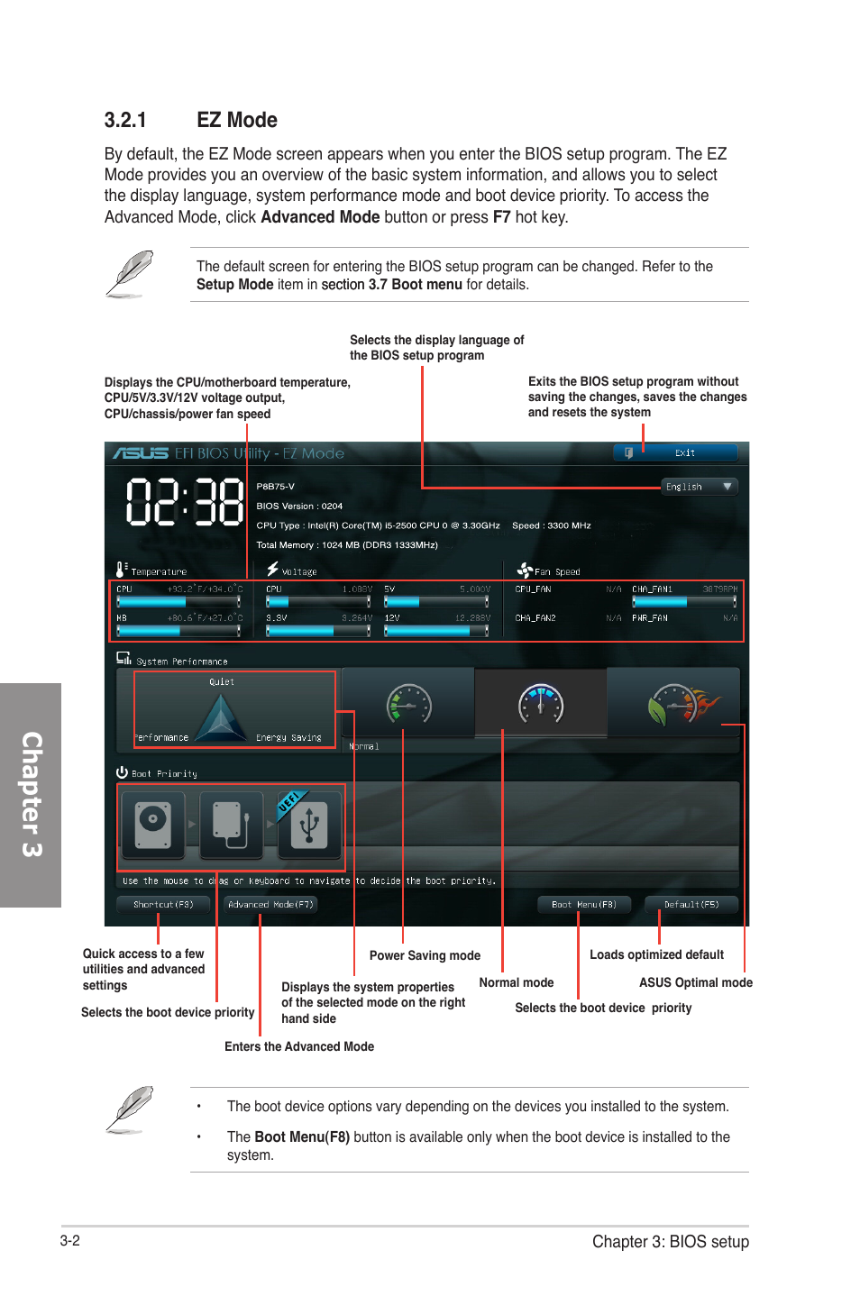 1 ez mode, Ez mode -2, Chapter 3 | Asus P8B75-V User Manual | Page 60 / 133