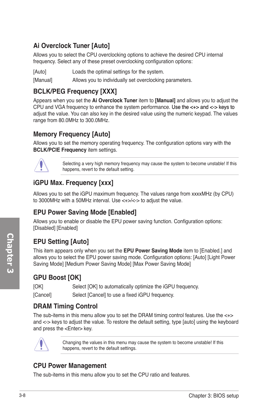 Chapter 3, Ai overclock tuner [auto, Bclk/peg frequency [xxx | Igpu max. frequency [xxx, Epu power saving mode [enabled, Epu setting [auto, Gpu boost [ok, Dram timing control, Cpu power management | Asus P8B75-V User Manual | Page 66 / 133