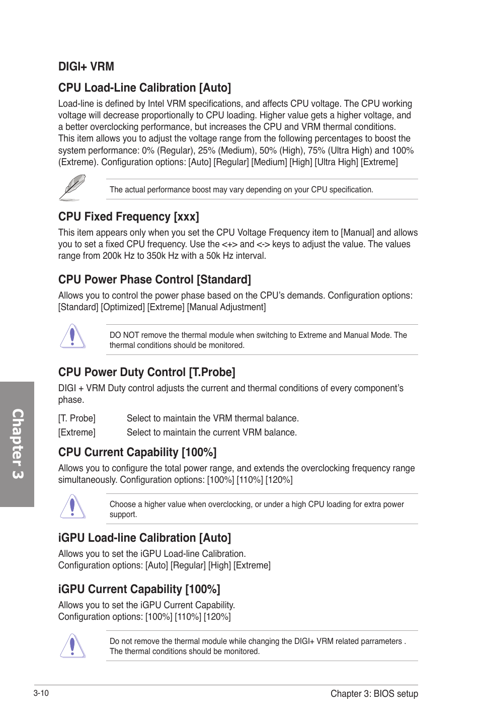 Chapter 3, Digi+ vrm cpu load-line calibration [auto, Cpu fixed frequency [xxx | Cpu power phase control [standard, Cpu power duty control [t.probe, Cpu current capability [100, Igpu load-line calibration [auto, Igpu current capability [100 | Asus P8B75-V User Manual | Page 68 / 133